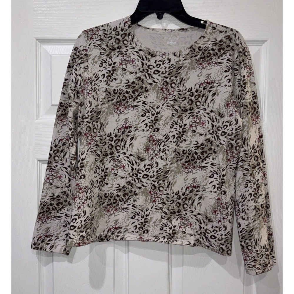 Kim Rogers Leopard Animal Print Floral Top Beige Brown 3/4 Sleeve Tee Size L - Picture 2 of 10